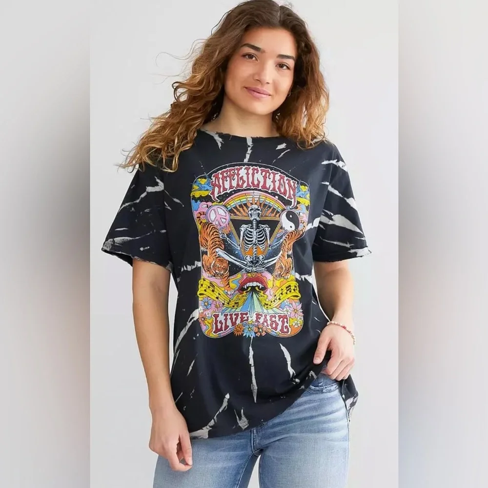 Affliction | Live Fast Festival T-Shirt Black White Sunburst Multi Women’s Sz L - Picture 1 of 7